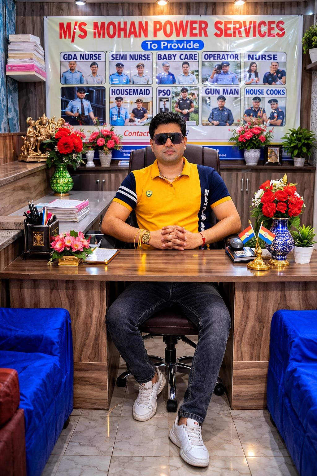 Founder of M/S Mohan Power Services at his office desk